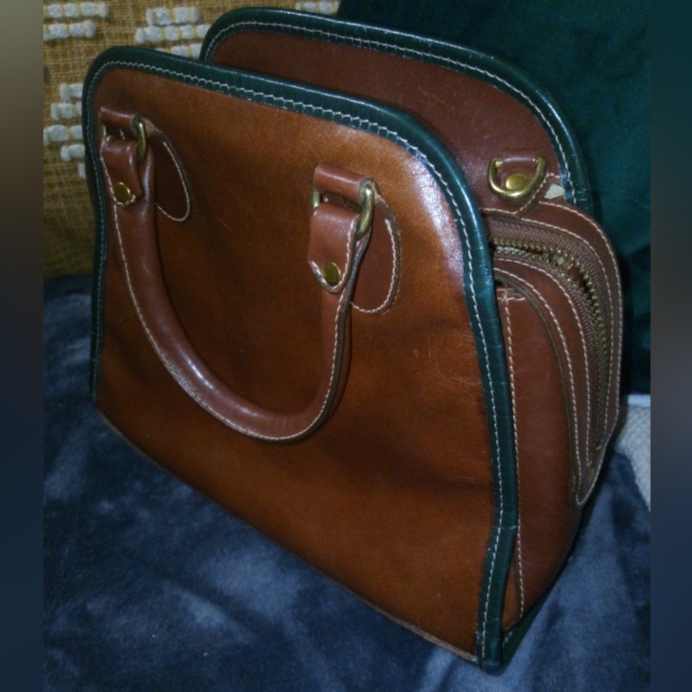 Brahmin Mini Bowler Leather Top Handle Satchel in Cognac Brown with Green Trim - Picture 4 of 14